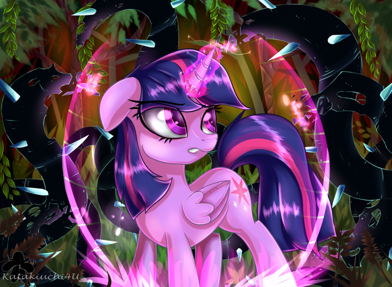 Size: 3000x2200 | Tagged: safe, artist:katakiuchi4u, derpibooru import, twilight sparkle, twilight sparkle (alicorn), alicorn, pony, princess twilight sparkle (episode), colored pupils, commission, everfree forest, female, force field, magic, mare, solo, thorns, vine