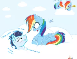Size: 2854x2206 | Tagged: safe, artist:leeileria, derpibooru import, rainbow dash, soarin', pegasus, pony, blushing, cloud, crossed hooves, cute, female, grin, lemme smash, looking at each other, male, mouth hold, on a cloud, prone, scepter, shipping, smiling, soarindash, straight, twilight scepter