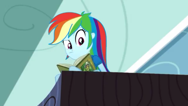 Size: 1280x720 | Tagged: safe, derpibooru import, screencap, rainbow dash, eqg summertime shorts, equestria girls, leaping off the page, book, bookshelf, looking down, rainbow dash's house