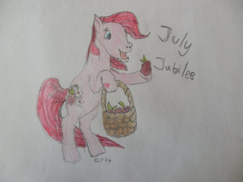 Size: 1024x768 | Tagged: safe, artist:berrysweetpony, derpibooru import, july jubilee, earth pony, pony, basket, bipedal, female, food, g3, hoof hold, mare, name, raspberry (food), solo, traditional art