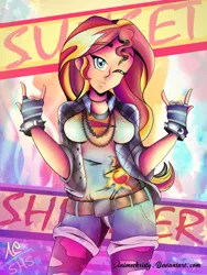 Size: 1024x1365 | Tagged: safe, artist:animechristy, derpibooru import, sunset shimmer, equestria girls, belt, chains, clothes, cutie mark, devil horn (gesture), fingerless gloves, gloves, grunge, jacket, jewelry, looking at you, necklace, one eye closed, shirt, shorts, smiling, solo, updated, wink