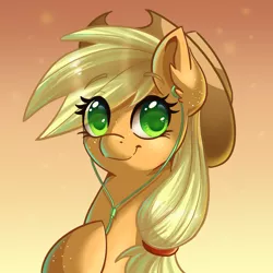 Size: 3937x3937 | Tagged: safe, artist:pitchyy, derpibooru import, applejack, earth pony, pony, applejack's hat, bust, colored pupils, cowboy hat, cute, ear freckles, earbuds, female, freckles, gradient background, hat, jackabetes, looking at you, mare, pony asmr, portrait, smiling, solo, stetson