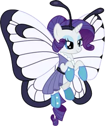 Size: 1001x1197 | Tagged: safe, artist:cloudyglow, derpibooru import, rarity, butterfree, pony, unicorn, clothes, cosplay, costume, female, mare, pokémon, simple background, smiling, solo, transparent background, vector