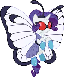 Size: 1001x1197 | Tagged: safe, artist:cloudyglow, derpibooru import, rarity, butterfree, pony, unicorn, clothes, cosplay, costume, female, mare, pokémon, simple background, smiling, solo, transparent background, vector