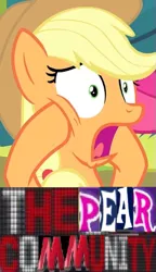 Size: 323x559 | Tagged: safe, derpibooru import, edit, edited screencap, screencap, applejack, pony, the perfect pear, aj styles, apple bloom's bow, bow, caption, dishonorapple, expand dong, exploitable meme, food, hair bow, image macro, meme, pear, shocked, solo, text, that pony sure does hate pears
