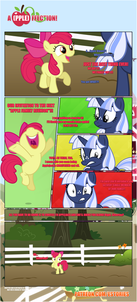 Size: 1919x4225 | Tagged: safe, artist:estories, derpibooru import, apple bloom, oc, oc:silverlay, pony, unicorn, comic:a(pple)ffection, comic, female, mare, sweet apple acres