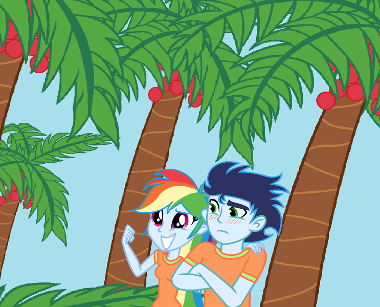 Size: 1192x962 | Tagged: safe, derpibooru import, rainbow dash, soarin', equestria girls, blushing, crossed arms, female, fist, male, orange shirt, palm tree, shipping, smiley face, soarindash, straight, tree