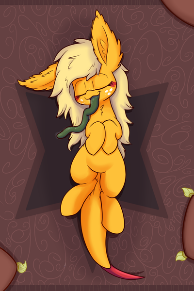 Size: 1000x1500 | Tagged: safe, artist:heir-of-rick, derpibooru import, applejack, monster pony, original species, tatzlpony, miss pie's monsters, cute, impossibly large ears, jackabetes, on back, sleeping, solo, species swap, tatzlbetes, tatzljack, tentacle tongue, tentacles, tongue out, weapons-grade cute