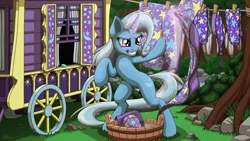 Size: 3840x2160 | Tagged: safe, artist:ohemo, derpibooru import, trixie, pony, unicorn, 4k, cape, clothes, female, glowing horn, hat, horn, laundry, magic, mare, smiling, solo, trixie's cape, trixie's hat, trixie's wagon