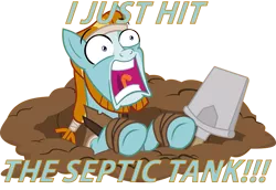 Size: 787x540 | Tagged: safe, artist:alphamonouryuuken, derpibooru import, rockhoof, pony, campfire tales, beard, caption, facial hair, funny, funny as hell, image macro, panic, rockhoof's shovel, scared, screaming, septic tank, shovel, simple background, solo, text, this will not end well, transparent background, vector