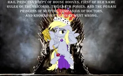 Size: 1920x1200 | Tagged: safe, derpibooru import, derpy hooves, pegasus, pony, a royal problem, belly button, cape, clothes, crown, epic derpy, female, game of thrones, i just don't know what went wrong, iron throne, jewelry, lidded eyes, looking at you, mare, princess derpy, queen, queen derpy, regalia, scepter, sitting, smiling, solo, spread wings, throne, twilight scepter, underp, wings