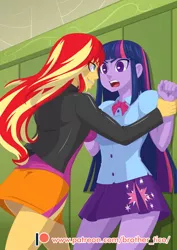 Size: 707x1000 | Tagged: safe, artist:brother-tico, derpibooru import, sunset shimmer, twilight sparkle, equestria girls, equestria girls (movie), bowtie, canterlot high, clothes, evil grin, female, grin, jacket, leather jacket, lesbian, lockers, long hair, looking at each other, open mouth, patreon, patreon logo, pinned, pleated skirt, scene interpretation, shipping, skirt, skirt lift, smiling, sunsetsparkle