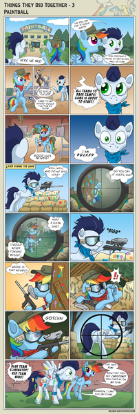 Size: 1600x4762 | Tagged: safe, artist:helmie-art, derpibooru import, rainbow dash, soarin', oc, pony, comic:things they did together, comic, female, goggles, male, paintball, shipping, soarindash, straight