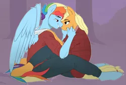 Size: 1850x1243 | Tagged: safe, artist:nolycs, derpibooru import, applejack, rainbow dash, anthro, earth pony, pegasus, appleblitz (straight), appledash, clothes, female, half r63 shipping, looking at each other, male, mare, rainbow blitz, rule 63, shipping, smiling, stallion, straight