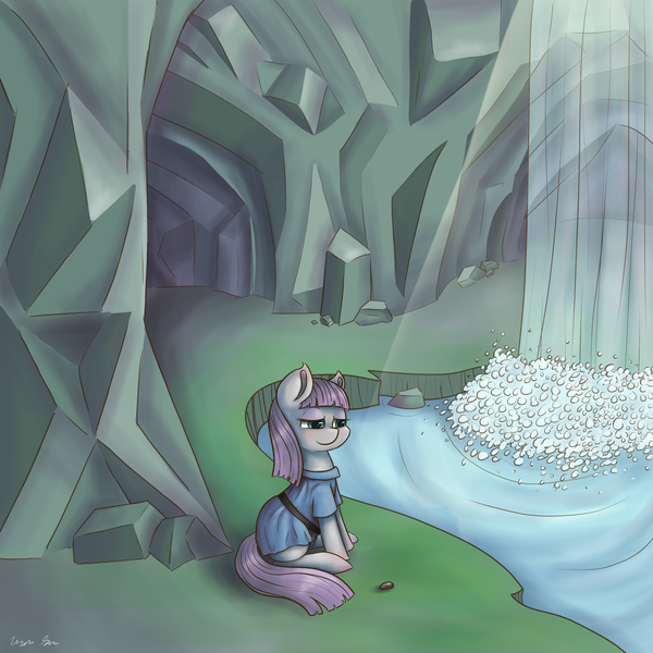 Size: 3000x3000 | Tagged: artist:kysimon, boulder (pet), cave, derpibooru import, maud pie, maud's cave, rock solid friendship, safe, sitting, smiling, solo, waterfall, when she smiles