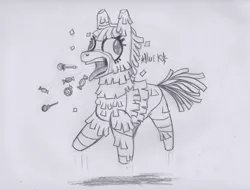 Size: 2219x1685 | Tagged: safe, artist:scribblepwn3, derpibooru import, pony, discordant harmony, animate object, candy, food, living piñata, monochrome, pencil drawing, piñata, solo, throwing up, traditional art