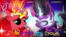 Size: 1024x576 | Tagged: safe, artist:yaycelestia0331, derpibooru import, sci-twi, sunset shimmer, twilight sparkle, ponified, pony, equestria girls, equestria girls ponified, equestria's monster girls, fight, imminent fight, implied big crown thingy, midnight sparkle, midnightsatan, sunset satan