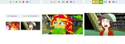 Size: 640x228 | Tagged: safe, derpibooru import, normal norman, pinkie pie, sunset shimmer, derpibooru, epic fails (equestria girls), eqg summertime shorts, equestria girls, the canterlot movie club, face of mercy, horrified, implied time loop, juxtaposition, meta, recursion, sunset wants her old digestive system back, this will end in fire, time loop