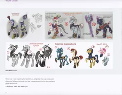 Size: 2565x2000 | Tagged: amputee, artist:rebecca dart, broken horn, chimera, concept art, cosmos (character), crystal, cyborg, derpibooru import, eye scar, female, horn, magic staff, male, mare, misspelling, my little pony: the movie, paws, prosthetic eye, prosthetic horn, prosthetic limb, prosthetics, reference sheet, rough sketch, safe, scar, staff, stallion, tail, tempest shadow, the art of my little pony: the movie