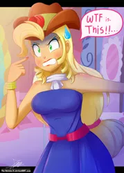 Size: 1120x1560 | Tagged: safe, artist:the-butch-x, derpibooru import, applejack, eqg summertime shorts, equestria girls, make up shake up, and then there's rarity, angry, applejewel, bare shoulders, beautiful, carousel boutique, clothes, commission, cowboy hat, dialogue, dress, eyeshadow, fall formal outfits, female, freckles, hat, lipstick, makeup, shoulder freckles, solo, stetson