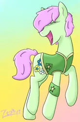 Size: 881x1343 | Tagged: safe, artist:zephyr!, derpibooru import, oc, oc:may flowers, unofficial characters only, earth pony, pony, clothes, dancing, female, flower, gradient background, mare, plant team, singing, solo, vest, winter wrap up vest