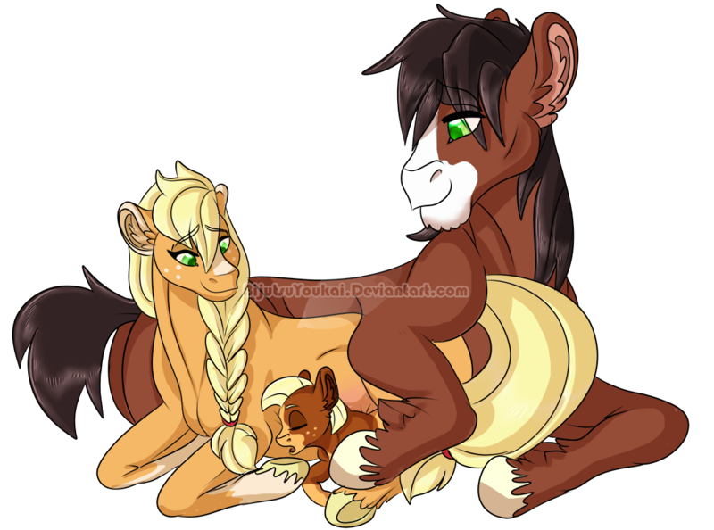 Size: 1100x817 | Tagged: safe, artist:bijutsuyoukai, derpibooru import, applejack, trouble shoes, oc, oc:stout pout, earth pony, pony, blaze (coat marking), braid, family, female, filly, male, mare, offspring, parent:applejack, parent:troubleshoes clyde, parents:troublejack, pregnant, prone, shipping, simple background, socks (coat marking), stallion, straight, transparent background, trio, troublejack