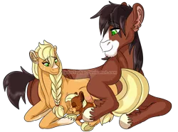 Size: 1100x817 | Tagged: safe, artist:bijutsuyoukai, derpibooru import, applejack, trouble shoes, oc, oc:stout pout, earth pony, pony, blaze (coat marking), braid, family, female, filly, male, mare, offspring, parent:applejack, parent:troubleshoes clyde, parents:troublejack, pregnant, prone, shipping, simple background, socks (coat marking), stallion, straight, transparent background, trio, troublejack