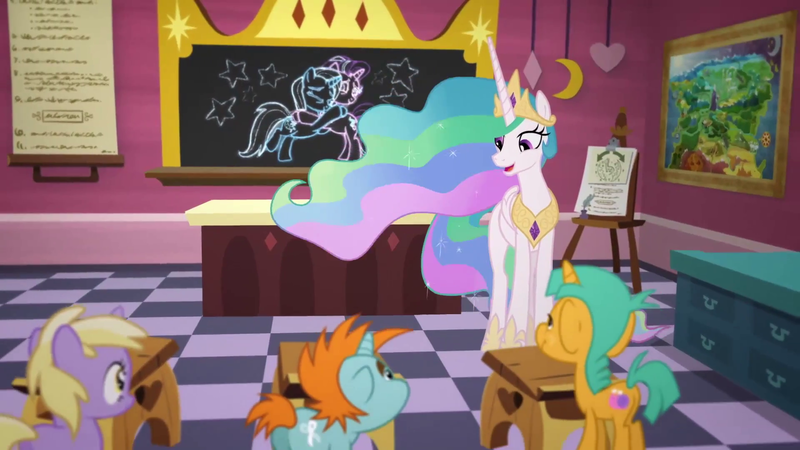 Size: 1920x1080 | Tagged: safe, derpibooru import, screencap, dinky hooves, princess celestia, snails, snips, starlight glimmer, trixie, pony, unicorn, fundamentals of magic✨ w/ princess celestia, chalkboard, classroom, colt, male, youtube link