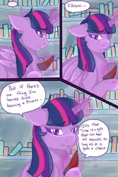 Size: 1024x1536 | Tagged: safe, artist:jeyjeymohr, derpibooru import, twilight sparkle, twilight sparkle (alicorn), alicorn, pony, comic:crownless, colored horn, comic, curved horn, dialogue, disembodied horn, hoof hold, horn, library, lidded eyes, sombra's horn