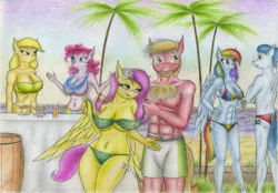 Size: 2333x1627 | Tagged: suggestive, artist:sinaherib, derpibooru import, applejack, big macintosh, fluttershy, pinkie pie, rainbow dash, soarin', anthro, bat pony, barrel, beach, big breasts, bikini, breasts, busty applejack, busty fluttershy, busty pinkie pie, busty rainbow dash, cider, cleavage, clothes, drunk, drunkershy, female, flutterbat, fluttermac, glass, hand on hip, male, muscles, partial nudity, race swap, shipping, shorts, soarindash, straight, strategically covered, swimsuit, topless, traditional art, unamused, undressing