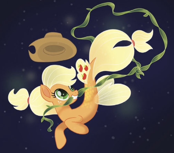 Size: 727x639 | Tagged: applejack, applejack's hat, artist:jaqueline anderson, concept art, cowboy hat, derpibooru import, female, hat, kelp, lasso, mare, my little pony: the movie, rope, safe, seaponified, seapony applejack, seapony (g4), solo, species swap, the art of my little pony: the movie, underwater