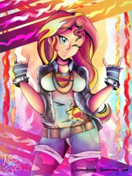 Size: 1024x1365 | Tagged: alternate version, artist:animechristy, clothes, derpibooru import, devil horn (gesture), female, fingerless gloves, gloves, human, humanized, looking at you, safe, shirt, smiling, solo, sunset shimmer