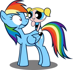 Size: 900x870 | Tagged: safe, artist:youki506, derpibooru import, rainbow dash, pegasus, pony, double rainboom, bubbles (powerpuff girls), humans riding ponies, ride, rider, riding, simple background, the powerpuff girls, transparent background, wide eyes