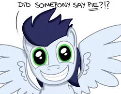 Size: 540x420 | Tagged: safe, artist:hoofclid, derpibooru import, soarin', pegasus, pony, cute, dialogue, food, grin, happy, looking at you, male, pie, simple background, smiling, soarin' fuel, soarinbetes, solo, spread wings, stallion, that pony sure does love pies, white background, wingboner, wings