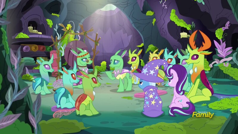 Size: 1920x1080 | Tagged: changedling, changeling, cornicle, derpibooru import, feelings forum, free love (changedling), hippieling, king thorax, safe, screencap, soupling, starlight glimmer, thorax, to change a changeling, trixie, trixie is not amused, unamused