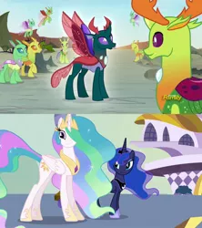 Size: 1280x1440 | Tagged: changedling, changedling brothers, changeling, comparison, derpibooru import, discovery family logo, king thorax, pharynx, prince pharynx, princess celestia, princess luna, princess twilight sparkle (episode), royal sisters, safe, screencap, thorax, to change a changeling