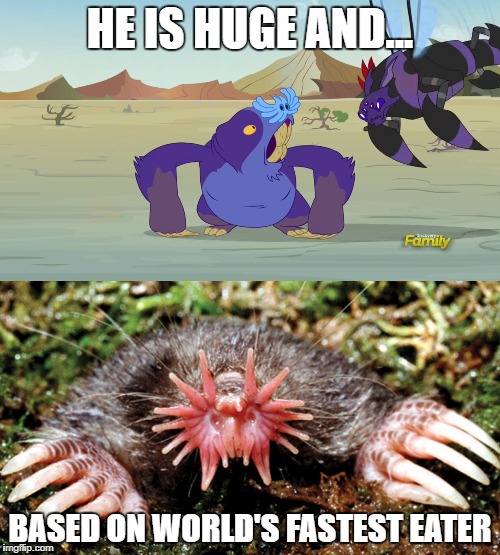 Size: 500x555 | Tagged: safe, derpibooru import, maulwurf, mole (animal), pony, star-nosed mole, to change a changeling, caption, changeling mega evolution, image macro, meme, text