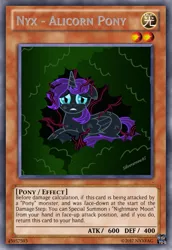 Size: 419x610 | Tagged: safe, artist:silverarrow87, derpibooru import, oc, oc:nyx, unofficial characters only, alicorn, pony, fanfic:past sins, card game, solo, yu-gi-oh!, yugioh card, yugioh card maker