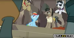 Size: 1839x947 | Tagged: suggestive, derpibooru import, edit, edited screencap, screencap, biff, doctor caballeron, rainbow dash, rogue (character), withers, pony, daring done?, brazzers, henchmen, imminent gangbang