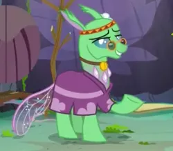 Size: 821x720 | Tagged: safe, derpibooru import, screencap, free love (changedling), changedling, changeling, to change a changeling, clothes, cropped, hippieling, lidded eyes, needs more jpeg, pince-nez, raised hoof, solo