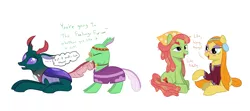 Size: 1800x800 | Tagged: artist:mightyshockwave, changedling, changeling, clothes, derpibooru import, dialogue, feelings forum, free love (changedling), group leader, headband, hippie, hippieling, pharynx, prince pharynx, safe, simple background, tail, tail pull, to change a changeling, tree hugger, wheat grass