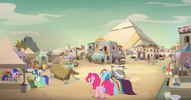 Size: 1273x670 | Tagged: safe, derpibooru import, screencap, a.k. yearling, aten (character), cactus fruit, daring do, desert flower, iahjmehet, lunar bay, nephthys, nile faras, pepperberry (g4), pinkie pie, rainbow dash, taperet, tut jannah, unnamed character, unnamed pony, earth pony, pegasus, pony, unicorn, daring done?, architecture, background pony, ear clip, elderly, female, glasses, hijab, male, mare, market, pyramid, raised hoof, scenery, somnambula (location), somnambula resident, stallion, tail wrap, village, well