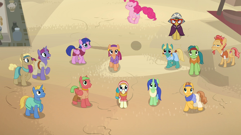 Size: 1920x1080 | Tagged: safe, derpibooru import, screencap, a.k. yearling, aroma hathor, aten (character), cactus fruit, daring do, desert flower, husani, iahjmehet, lunar bay, mosiah, nephthys, nile faras, pinkie pie, taperet, tut jannah, unnamed character, unnamed pony, earth pony, pegasus, pony, unicorn, daring done?, background pony, clothes, desert, dress, female, glasses, headband, hijab, male, mare, somnambula (location), somnambula resident, stallion