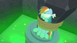Size: 640x360 | Tagged: safe, derpibooru import, screencap, rainbow dash, pegasus, pony, daring done?, animated, blindfold, bondage, damsel in distress, death trap, gif, hoofy-kicks, nose in the air, peril, rainbond dash, rope, slime, solo, tied up, volumetric mouth