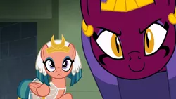Size: 1280x720 | Tagged: safe, derpibooru import, screencap, somnambula, sphinx (character), pegasus, pony, sphinx, daring done?, :c, >:), c:, c:<, cute, evil grin, female, fourth wall, frown, grin, happy, looking at you, mare, smiling, sphinxdorable