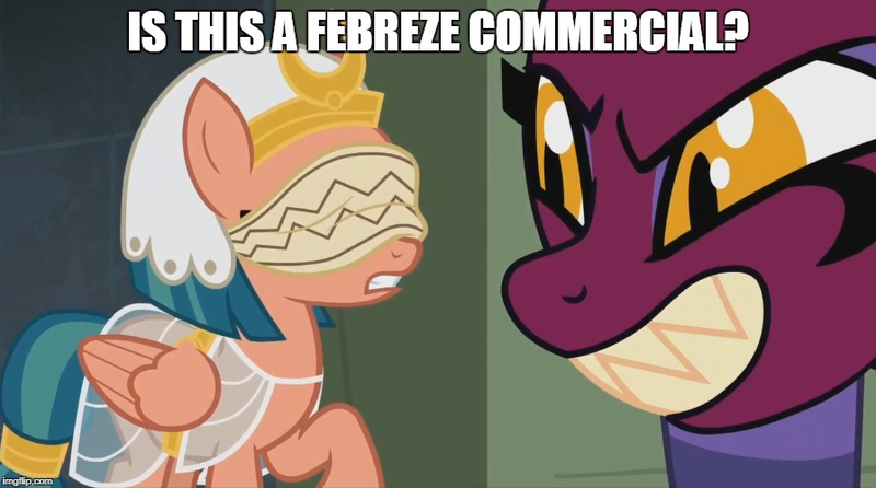 Size: 896x500 | Tagged: safe, derpibooru import, edit, edited screencap, screencap, somnambula, sphinx (character), pegasus, pony, sphinx, daring done?, blindfold, blindfolded, caption, fangs, febreze, image macro, jewelry, meme, regalia, text