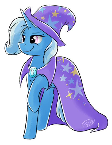 Size: 1150x1477 | Tagged: safe, artist:ruushiicz, derpibooru import, trixie, pony, unicorn, cape, clothes, female, hat, mare, simple background, smiling, solo, transparent background, trixie's cape, trixie's hat