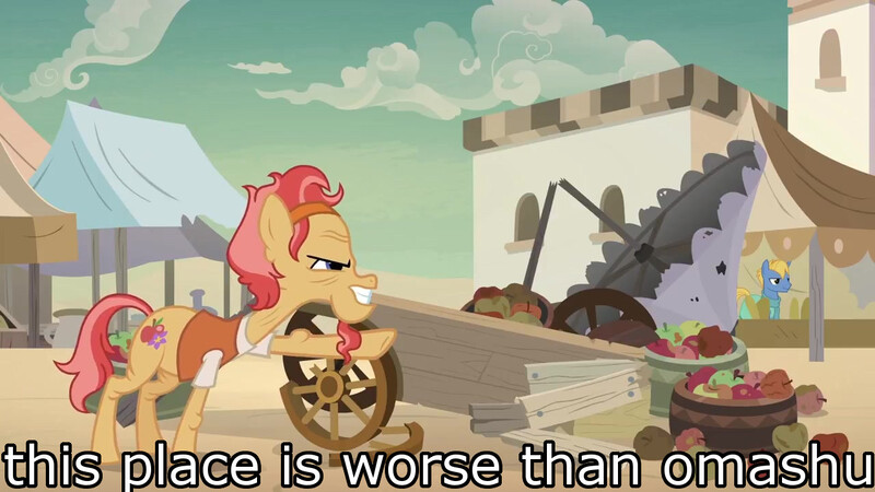 Size: 1280x720 | Tagged: safe, derpibooru import, edit, edited screencap, screencap, cactus fruit, mosiah, earth pony, pony, daring done?, apple cart, avatar the last airbender, background pony, cabbage merchant, caption, facial hair, goatee, image macro, male, meme, somnambula (location), somnambula resident, stallion, text