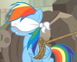 Size: 1300x1050 | Tagged: safe, derpibooru import, edit, edited screencap, screencap, rainbow dash, pegasus, pony, daring done?, blindfold, blushing, bondage, bound wings, consensual, cropped, happy bondage, lip bite, rainbond dash, raised hoof, rope, solo, tied up, wings