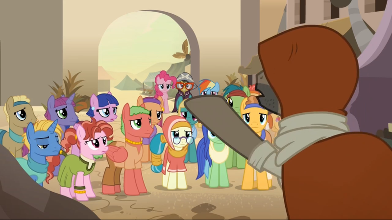 Size: 1366x768 | Tagged: safe, derpibooru import, screencap, a.k. yearling, aroma hathor, aten (character), cactus fruit, daring do, desert flower, doctor caballeron, husani, iahjmehet, lunar bay, mosiah, nephthys, nile faras, pepperberry (g4), pinkie pie, rainbow dash, taperet, tut jannah, unnamed character, unnamed pony, earth pony, pegasus, pony, unicorn, daring done?, background pony, clothes, crowd, dress, female, glasses, headband, hijab, hood, kino makoto, male, mare, somnambula (location), somnambula resident, stallion